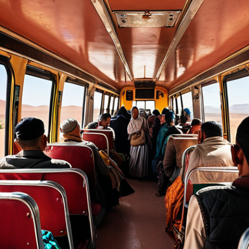 Home 4 **
A vibrant, slightly crowded scene inside a Moroccan bus. Focus on the mix of people – tourists and locals in traditional clothing. Luggage piled overhead. Warm, sunny lighting streaming through the windows. The bus is heading toward a desert landscape visible through the front window. Emphasis on the "authentic" feel of local travel.
**