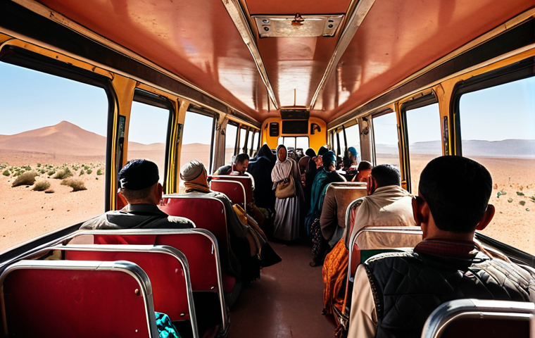 **
A vibrant, slightly crowded scene inside a Moroccan bus. Focus on the mix of people – tourists and locals in traditional clothing. Luggage piled overhead. Warm, sunny lighting streaming through the windows. The bus is heading toward a desert landscape visible through the front window. Emphasis on the "authentic" feel of local travel.
**