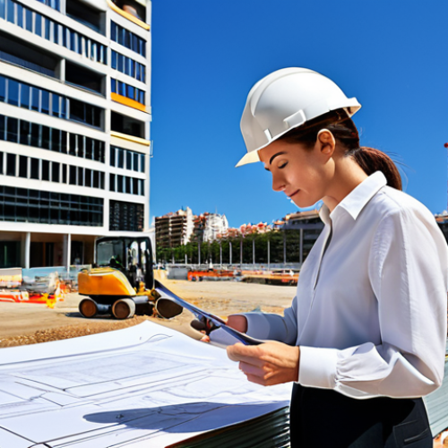 Home 18 **
A professional architect, fully clothed in a stylish but modest blouse and slacks, reviews blueprints on a construction site in Barcelona. The background features modern buildings and a clear, sunny sky. Safe for work, appropriate content, perfect anatomy, natural proportions, professional.
**