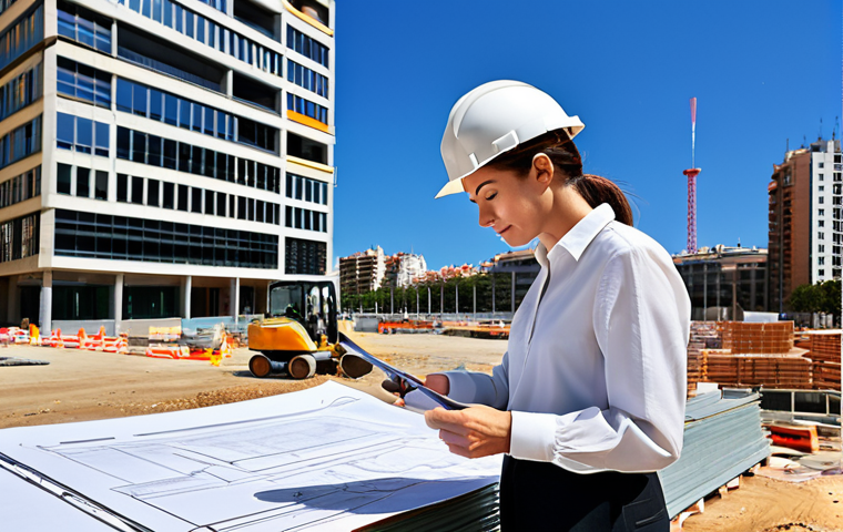 **

A professional architect, fully clothed in a stylish but modest blouse and slacks, reviews blueprints on a construction site in Barcelona. The background features modern buildings and a clear, sunny sky. Safe for work, appropriate content, perfect anatomy, natural proportions, professional.

**