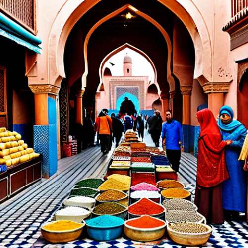 Home 17 A vibrant Moroccan marketplace scene**
"A bustling marketplace in Marrakech, Morocco. Vendors in traditional, fully clothed attire are selling colorful spices, textiles, and crafts. The architecture features intricate tilework and archways. The atmosphere is lively and energetic. Safe for work, appropriate content, fully clothed. Perfect anatomy, correct proportions, natural pose, professional photography, high quality, family-friendly."
**