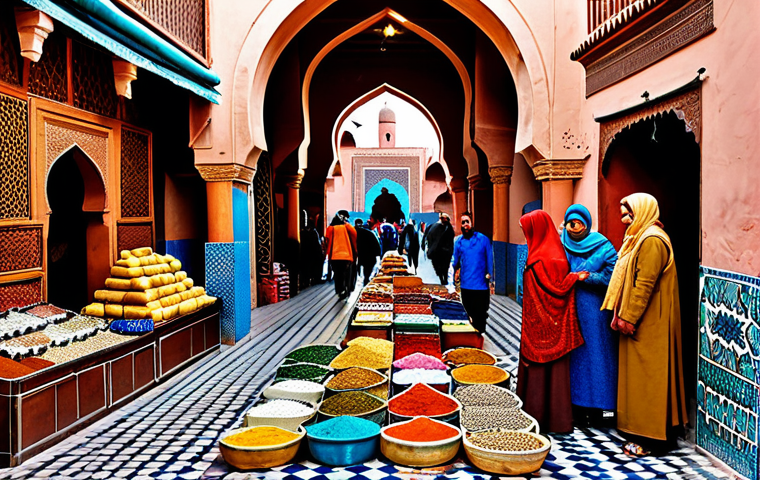 A vibrant Moroccan marketplace scene**

"A bustling marketplace in Marrakech, Morocco. Vendors in traditional, fully clothed attire are selling colorful spices, textiles, and crafts. The architecture features intricate tilework and archways. The atmosphere is lively and energetic.  Safe for work, appropriate content, fully clothed. Perfect anatomy, correct proportions, natural pose, professional photography, high quality, family-friendly."

**