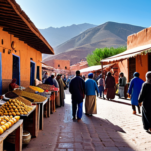 Home 8 Sustainable Tourism in Morocco**
"A vibrant marketplace in a Moroccan village, featuring local artisans selling crafts and Argan oil, fully clothed tourists interacting with vendors, promoting ecotourism, Atlas Mountains in the background, sunny day, natural light, safe for work, appropriate content, modest attire, professional photography, perfect anatomy, correct proportions, natural pose, family-friendly."
**