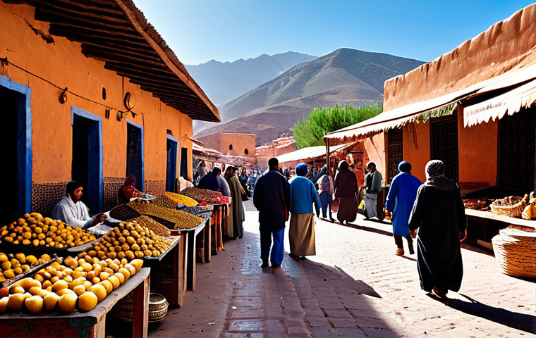 Sustainable Tourism in Morocco**

"A vibrant marketplace in a Moroccan village, featuring local artisans selling crafts and Argan oil, fully clothed tourists interacting with vendors, promoting ecotourism, Atlas Mountains in the background, sunny day, natural light, safe for work, appropriate content, modest attire, professional photography, perfect anatomy, correct proportions, natural pose, family-friendly."

**