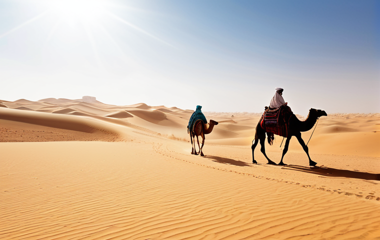 모로코 사막 지역 기온 - Daytime Desert Scene**

"A vast Sahara desert landscape under a blazing sun, showcasing rolling sand...