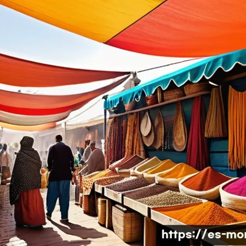 모로코 전통 시장 수크 - A vibrant Moroccan market scene bursting with colors and textures, featuring stalls brimming with tr...