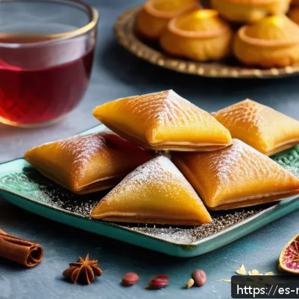 모로코 디저트 마쿠로드 - A beautifully arranged tray of traditional Maghreb semolina sweets, featuring golden, triangular pas...