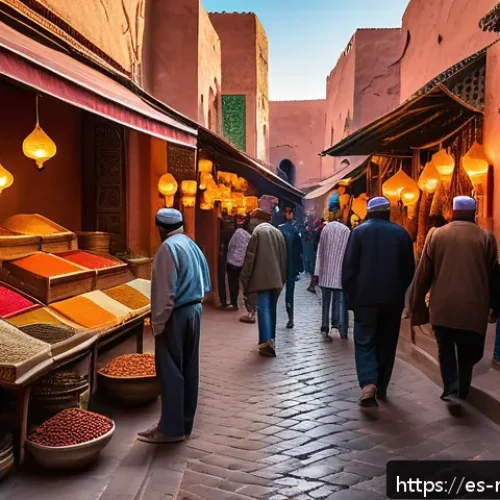 모로코 관광 산업 발전 - A vibrant Moroccan medina scene in Marrakech during the golden hour, featuring narrow labyrinthine s...