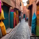마라케시 여행 가이드 - A narrow, winding alleyway deep inside the Medina of Marrakech during early morning light, with colo...