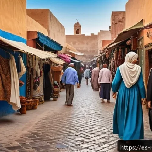 모로코에서 불법 행위 주의 - A respectful street scene in a traditional Moroccan neighborhood, showing men and women dressed cons...