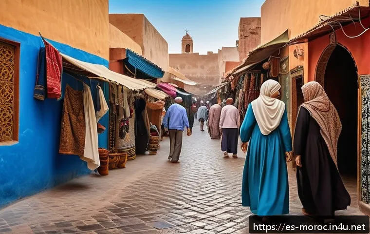 모로코에서 불법 행위 주의 - A respectful street scene in a traditional Moroccan neighborhood, showing men and women dressed cons...