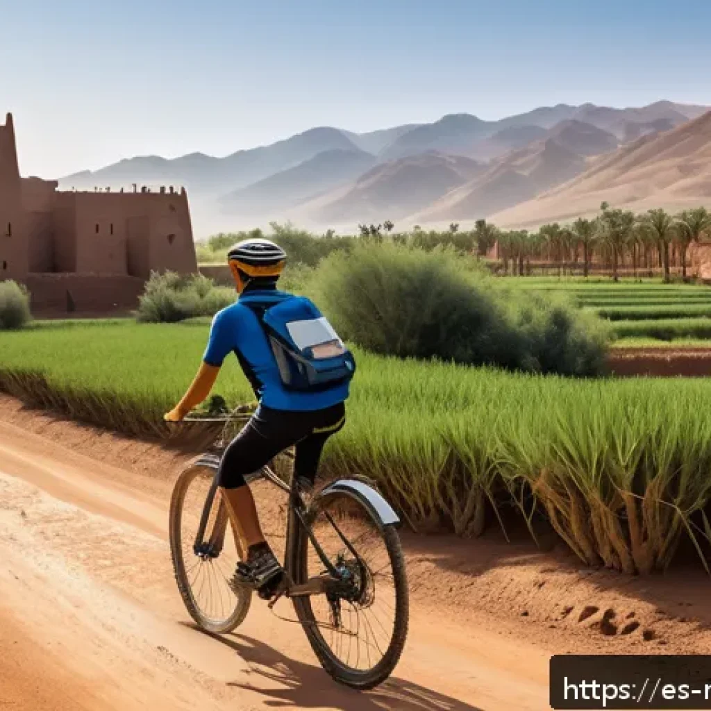 모로코에서 자전거 여행 - A scenic bicycle journey through the Draa Valley in Morocco, showcasing a cyclist wearing breathable...