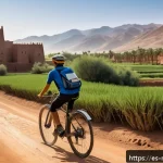 모로코에서 자전거 여행 - A scenic bicycle journey through the Draa Valley in Morocco, showcasing a cyclist wearing breathable...