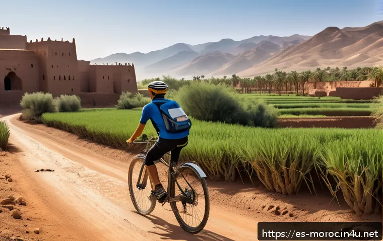 모로코에서 자전거 여행 - A scenic bicycle journey through the Draa Valley in Morocco, showcasing a cyclist wearing breathable...
