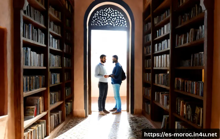 모로코에서 인기 있는 책 - Photorealistic editorial scene inside a warm Moroccan bookshop in Rabat, a diverse group of adult re...
