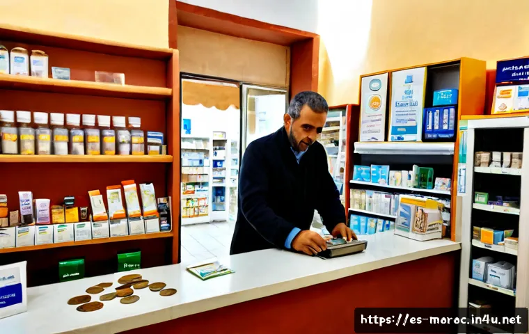 모로코에서 약국 이용법 - Photorealistic travel-health scene inside a clean Moroccan neighborhood pharmacy, a Spanish-speaking...