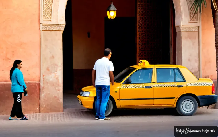 모로코에서 택시 이용법 - Photorealistic travel scene in Marrakech, Morocco, a Spanish-speaking tourist family calmly hailing ...