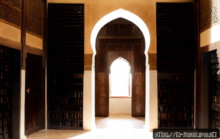모로코에서 가장 오래된 도서관 - Photorealistic interior of the historic Al-Qarawiyyin Library in Fez, Morocco, ancient carved cedarw...